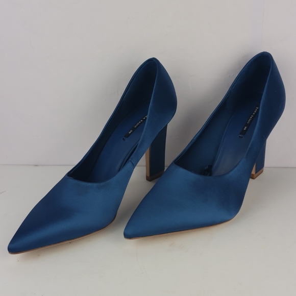 ZARA Blue Satin High Chunky Heel Pumps Size 39 - Picture 2 of 5